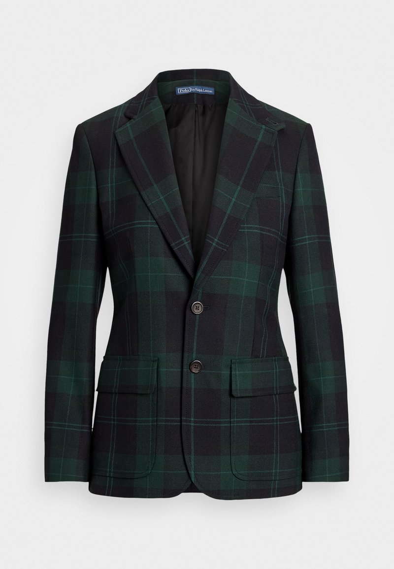 Blazer a quadri verde scuro e nero con rever a notched, due tasche anteriori con pattina, due bottoni e una vestibilità su misura.