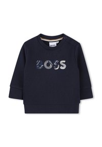 Navy blue sweatshirt with a round neckline, long sleeves, and textured "BOSS" logo featuring varied patterns in white and blue.