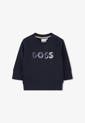 Felpa blu navy con scollatura tonda, maniche lunghe e logo "BOSS" testurizzato che presenta diversi motivi in bianco e blu.