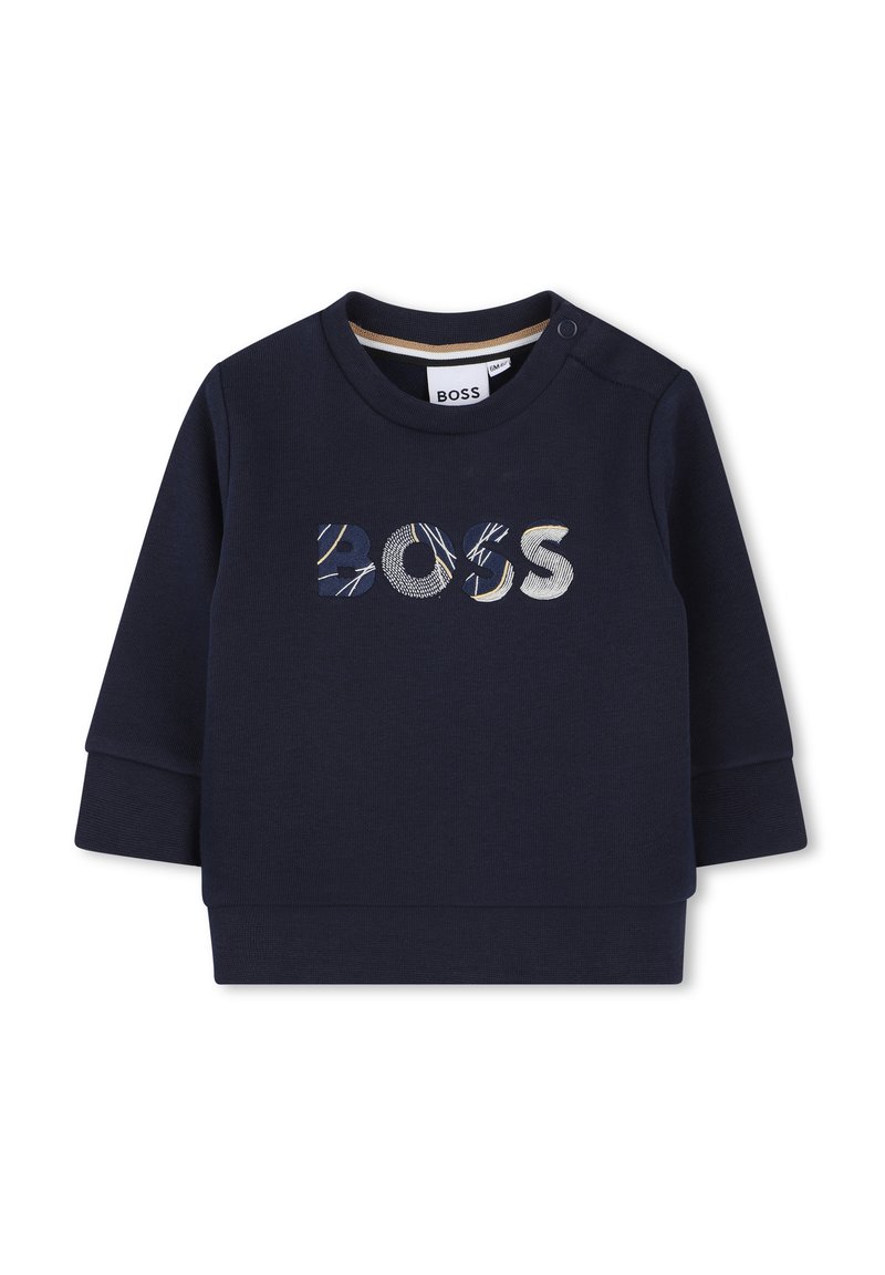 Navy blue sweatshirt with a round neckline, long sleeves, and textured "BOSS" logo featuring varied patterns in white and blue.