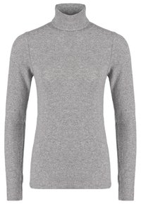 Ljust grått stickat långärmat polotröja med ribbad krage, ärmar och nederkant, visad på en vit bakgrund.