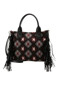 Sac fourre-tout avec anses en cuir noir et franges, présentant un motif géométrique en noir, bordeaux et rose clair.