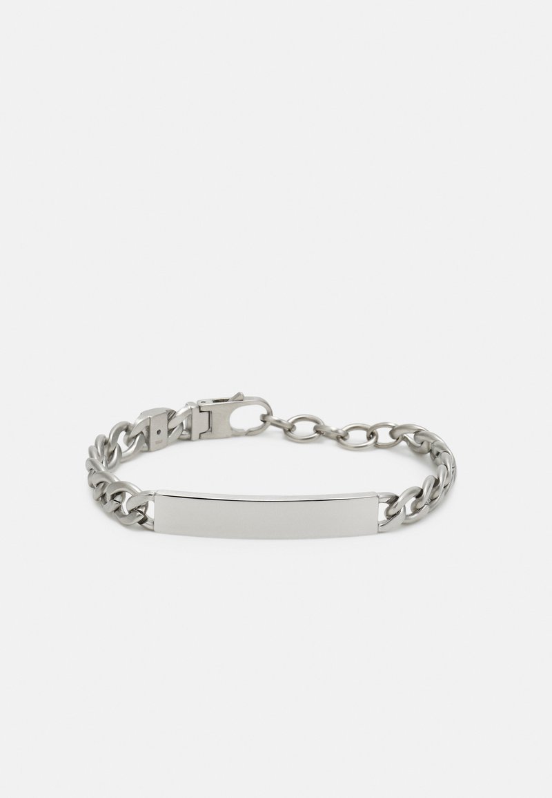 Silberne Kettenarmband mit einer glatten, flachen rechteckigen Platte und einem Verschluss. Poliertes Metall mit einer einheitlichen, glänzenden Oberfläche.