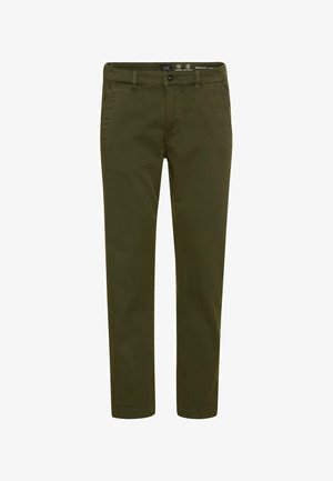 Chinos vert olive avec fermeture à bouton, présentant deux poches avant et une coupe droite, affichés sur un fond uni.