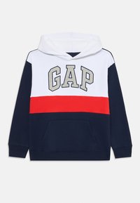 Felpa con cappuccio in cotone blu navy, bianco e rosso. Presenta il logo "GAP" in grigio, tasca frontale e polsini a coste.