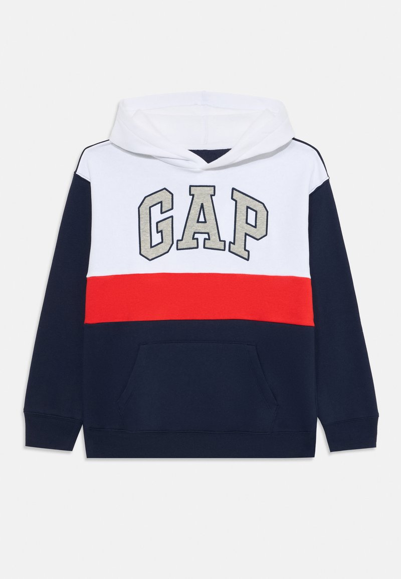Felpa con cappuccio in cotone blu navy, bianco e rosso. Presenta il logo "GAP" in grigio, tasca frontale e polsini a coste.