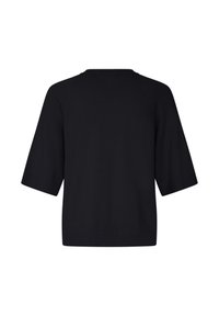Pull noir en maille à manches courtes avec col rond, poignets et ourlet côtelés, présenté de dos sur un fond blanc.