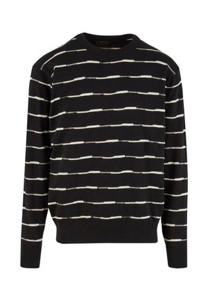Svart tröja med horisontella vita ränder, rund nacke, långa ärmar, ribbade ärmslut och nederkant. Tillverkad av ett mjukt stickat tyg.