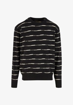 Melna džemperis ar horizontālām baltām svītrām, apaļu kakla izgriezumu, garām piedurknēm, ribotiem cuffiem un apakšmalu. Izgatavots no mīkstas adītu audumu.