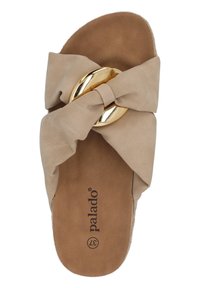 Bežové skluzavkové sandály s měkkou textilní mašlí a velkou lesklou zlatou oválnou přezkou na polstrované stélce, velikost 37, značky Palado.