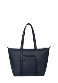 Navyblauwe totebag van gemengd synthetisch materiaal. Voorzien van twee lange handvatten, een rits bovenkant en een voorvak met rits.