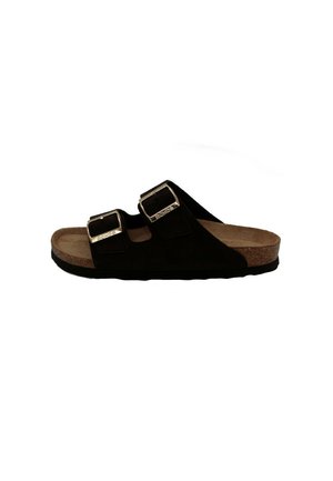 Black suede slide sandal with two adjustable silver buckles, cork footbed, and a textured rubber sole for grip.