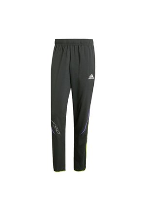 Pantalones deportivos negros con cordón en la cintura, que presentan detalles en púrpura y verde, y el gráfico "F50" en el lateral. Fabricados con tejido ligero.