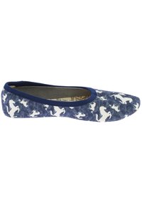 Navyblaue Flachschuhe mit strukturiertem Obermaterial, versehen mit einem weißen Einhornmuster und einem blauen Besatz entlang des Kragens. Schlankes, rundes Design.