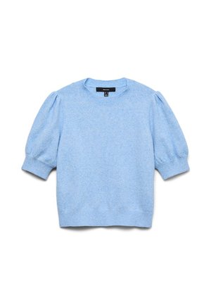 Hellblauer Strickpullover mit kurzen Puffärmeln sowie gerippten Bündchen, Ausschnitt und Saum.