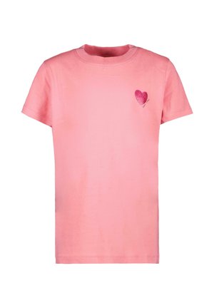 Roze katoenen T-shirt met korte mouwen, met een glinsterend hartontwerp op de linkerborst. Klassieke ronde hals. Zachte textuur.