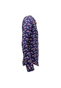 Overhemd met lange mouwen in marineblauwe stof met een herhaald patroon van kleurrijke vogels en bladeren. Standaard kraag en manchetten, gladde textuur.