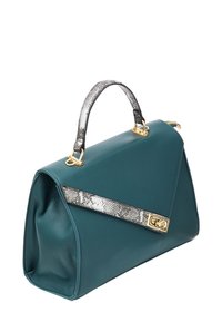 Borsa a tracolla in pelle teal con forma strutturata, dotata di una tracolla con stampa pitone contrastante, hardware dorato e manico superiore.