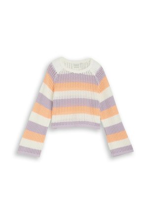 Gehäkelter Strickpullover mit horizontalen Streifen in Lavendel, Pfirsich und Weiß, mit rundem Ausschnitt und langen Ärmeln.