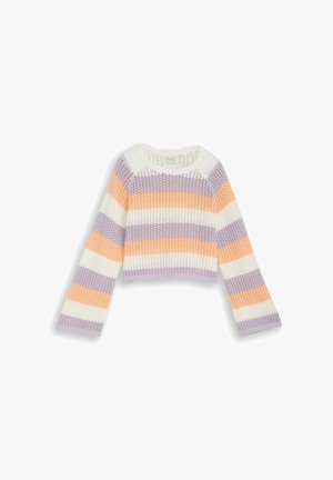 Gehäkelter Strickpullover mit horizontalen Streifen in Lavendel, Pfirsich und Weiß, mit rundem Ausschnitt und langen Ärmeln.
