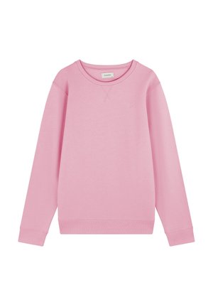 Light pink crewneck sweatshirt with long sleeves, ribbed cuffs and hem, and subtle front stitching detail.