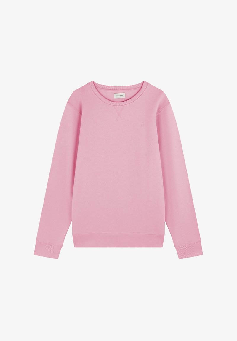 Sweat-shirt rose clair à col rond, manches longues, poignets et ourlet côtelés, avec un subtil détail de couture sur le devant.