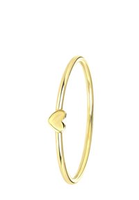 Goudkleurige metalen ring met een dunne band en een kleine hartvormige accent aan de zijkant, met een gladde afwerking en een minimalistisch ontwerp.