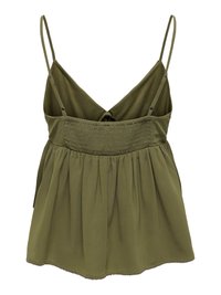 Olive green sleeveless top with adjustable spaghetti straps, smocked bust, and gathered flowing fabric below the bust.