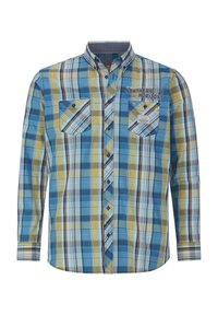 Blue and yellow plaid long-sleeve shirt with two chest pockets, button front, and a collar. Features logo detail and a varied texture.