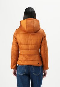 Amber geïsoleerde jas met een capuchon, voorzien van gestikte details en een gladde textuur. Gecombineerd met hoge taille blauwe jeans.