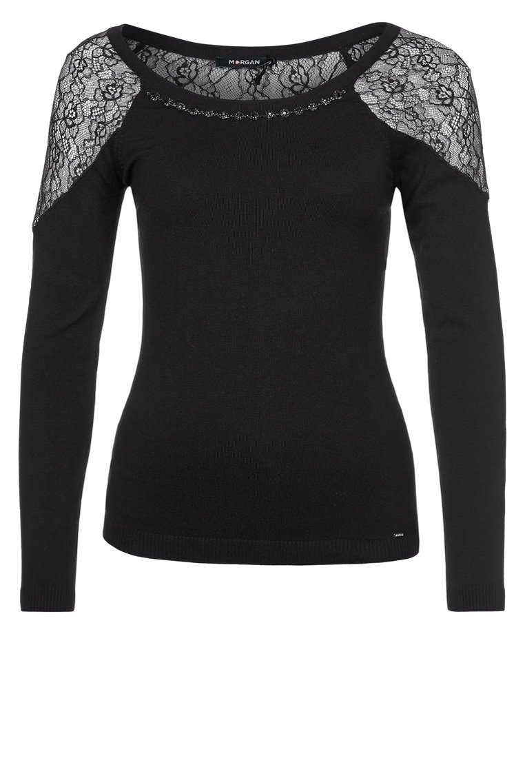 Schwarzer Pullover mit langen Ärmeln und Spitzenakzenten auf den Schultern sowie einem breiten Ausschnitt. Glatte Textur mit figurbetontem Schnitt und geripptem Saum.