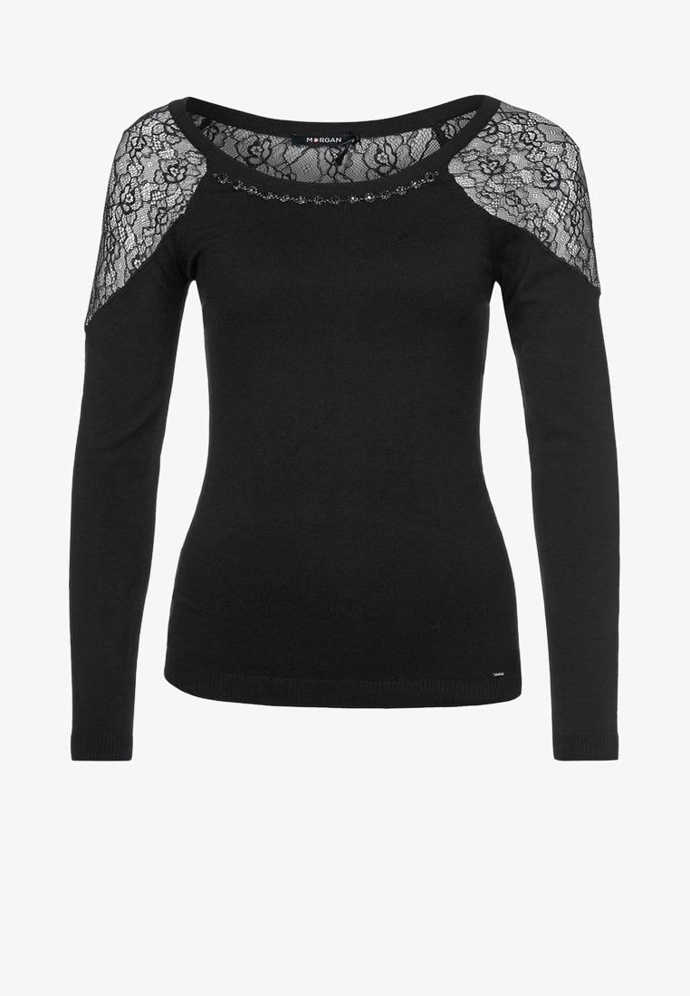 Schwarzer Pullover mit langen Ärmeln und Spitzenakzenten auf den Schultern sowie einem breiten Ausschnitt. Glatte Textur mit figurbetontem Schnitt und geripptem Saum.