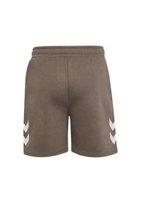 Bruna sportshorts med elastisk midjeband och två vita chevron-accenter på sidorna, tillverkade av ett slätt, lätt tyg.