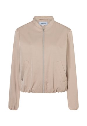 Beige Bomberjacke mit rundem Kragen, Frontreißverschluss und Seitentaschen. Verfügt über elastische Bündchen und Saum, hergestellt aus glattem Stoff.