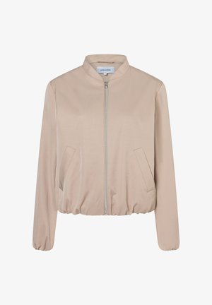 Veste aviateur beige avec un col arrondi, une fermeture éclair à l'avant et des poches latérales. Comprend des poignets élastiques et un ourlet, fabriquée en tissu lisse.