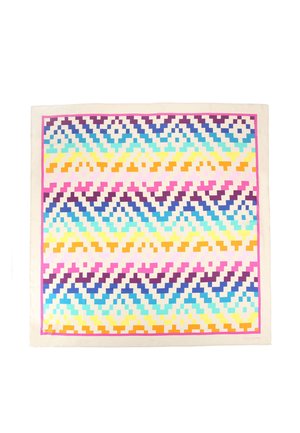Colorful patterned silk scarf featuring zigzag designs in purple, blue, yellow, and pink with a cream border. Measures 90 cm x 90 cm.