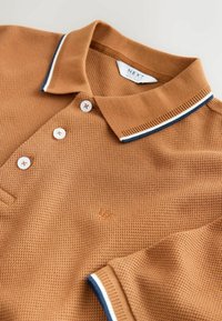 Polo shirt marrón texturizado con tres botones blancos, acentos de cuello a rayas azules y blancas, y un sutil logo bordado.