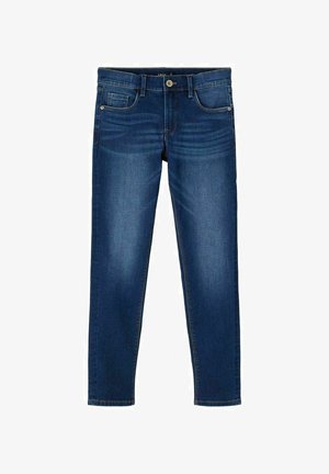 Donkerblauwe denim jeans met een slim fit, voorzien van een knoopsluiting in de taille, vijf zakken, en subtiele vervaging langs de dijen.