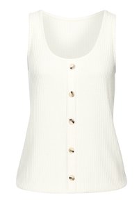 Witte, geribbelde tanktop met een ronde halslijn en een rij van vijf gouden knopen aan de voorkant. Gemaakt van textiel met structuur.