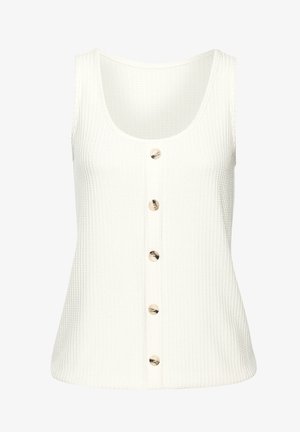 White, ribbed tank top featuring a scoop neckline and a row of five gold buttons down the front. Made of textured fabric.