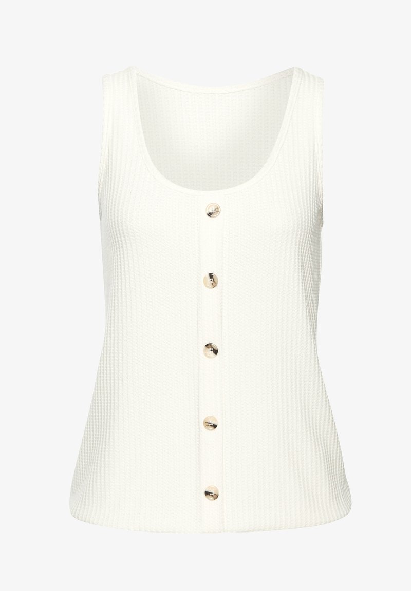 Bijela, rebrasta majica bez rukava s niskim izrezom i redom od pet zlatnih dugmadi sprijeda. Izrađena od teksturirane tkanine.