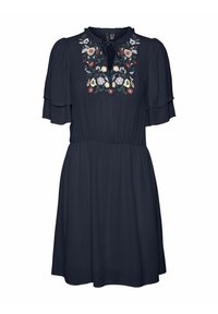 Vestido azul marino con mangas cortas de volantes y cintura entallada. Presenta bordados florales alrededor del escote y un cierre con lazo. Textura de tela suave.