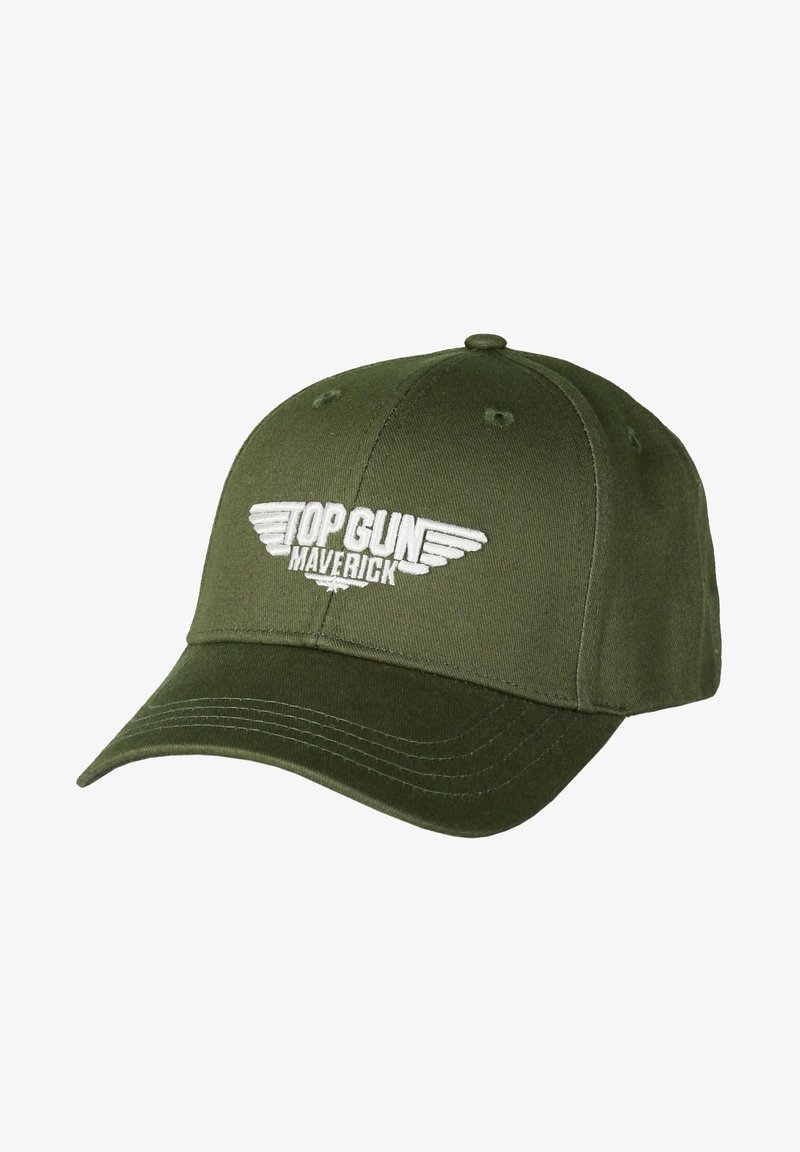 Olivgrüne Baseballmütze mit einem gebogenen Schirm, mit weißen gestickten Texten "TOP GUN MAVERICK" und einem Flügel-Design auf der Vorderseite.