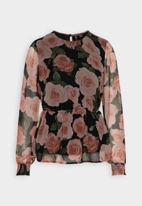 Camicia nera trasparente con maniche lunghe, caratterizzata da un motivo floreale di rose rosa e foglie verdi, vita arricciata e polsini arricciati.
