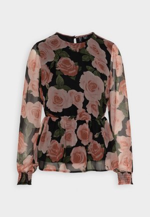 Camicia nera trasparente con maniche lunghe, caratterizzata da un motivo floreale di rose rosa e foglie verdi, vita arricciata e polsini arricciati.