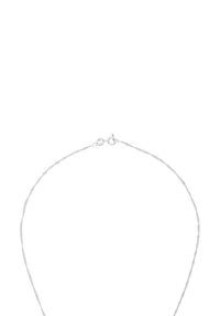 Silverfärgad kedjening med en vriden design, utrustad med en säker kräftklämma. Slät textur, lätt konstruktion och minimalistisk utseende.