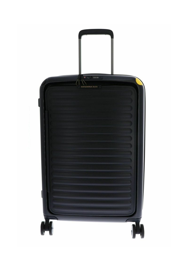 Valise rigide noire avec texture nervurée, poignée rétractable, roues doubles et un accent jaune dans le coin supérieur.