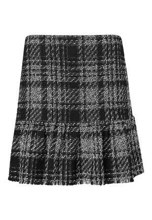 Mini-jupe à carreaux noir et blanc avec un tissu texturé et un détail de ourlet froncé.