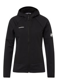 Giacca a vento nera Mammut con cappuccio, realizzata in materiale testurizzato, dotata di zip a lunghezza totale, tasche con zip e logo sul petto e sulla manica.