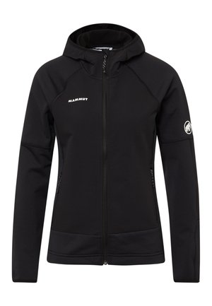 Svart Mammut hettegenser laget av teksturert materiale, med hel glidelås, glidelåslommer, og logo på brystet og ermet.